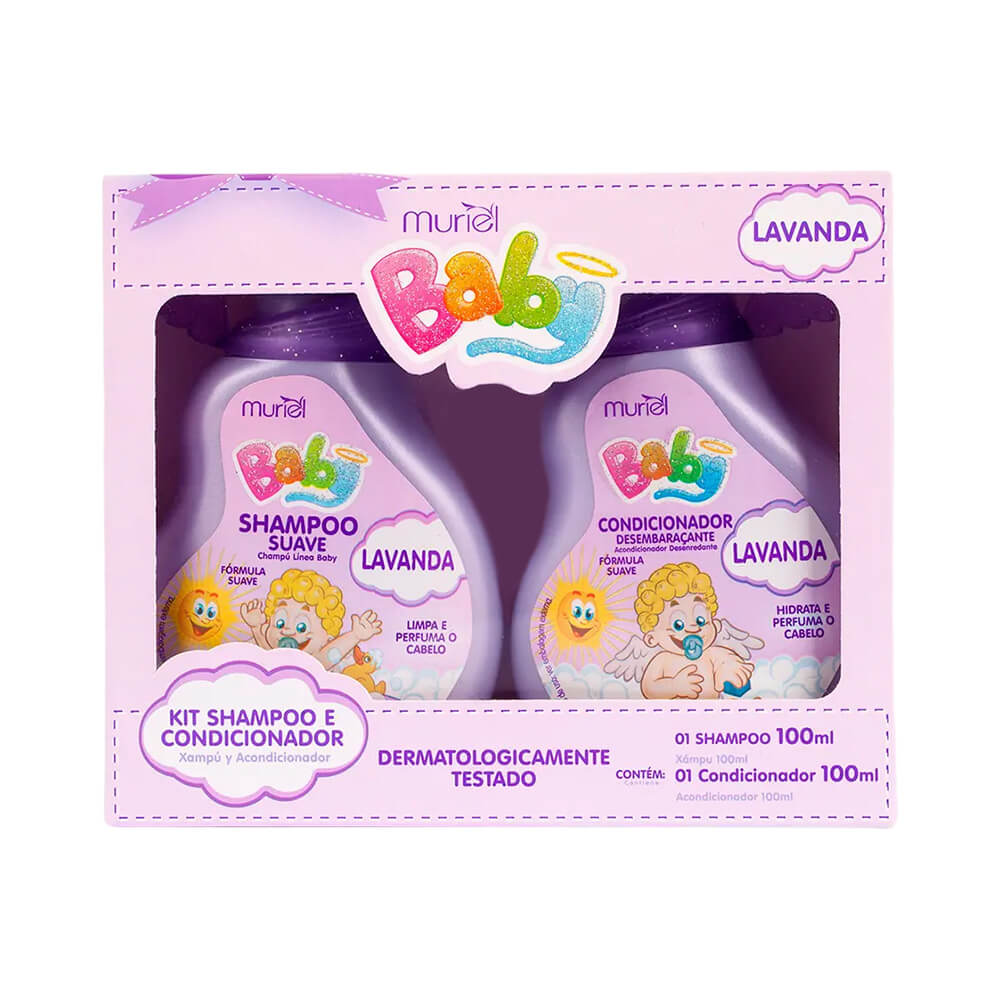 Kit Muriel Baby contendo Shampoo e Condicionador com fragrância de lavanda, embalagens lilás e rosa claro